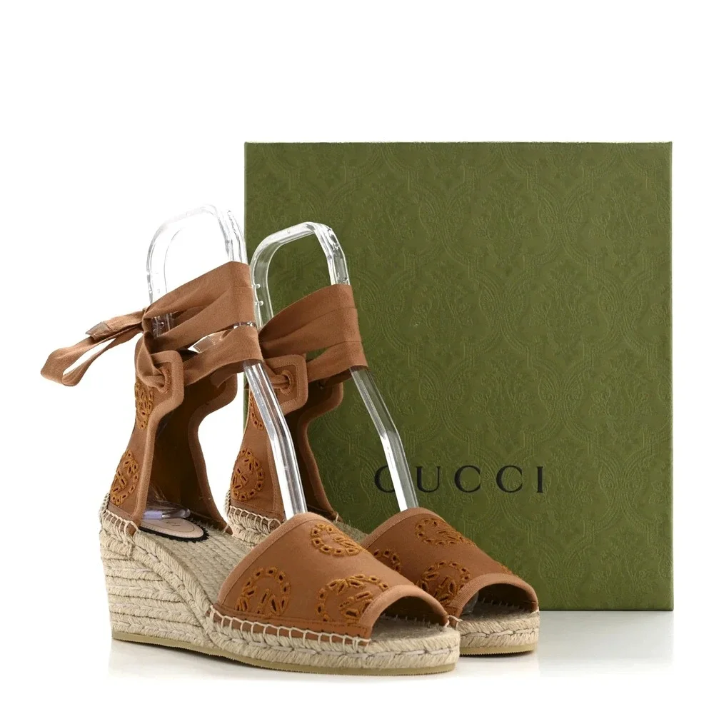 Gucci GG Damita Espadrille Wedge Sandal Eyelet Canvas Cognac Brown EU 38 US 8